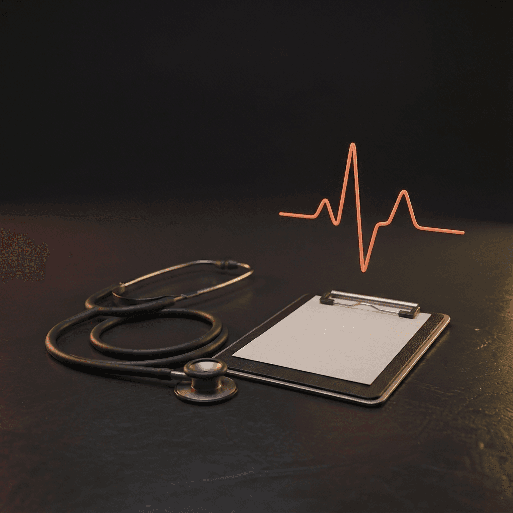 Stethoscope beside a clipboard with a glowing heartbeat line