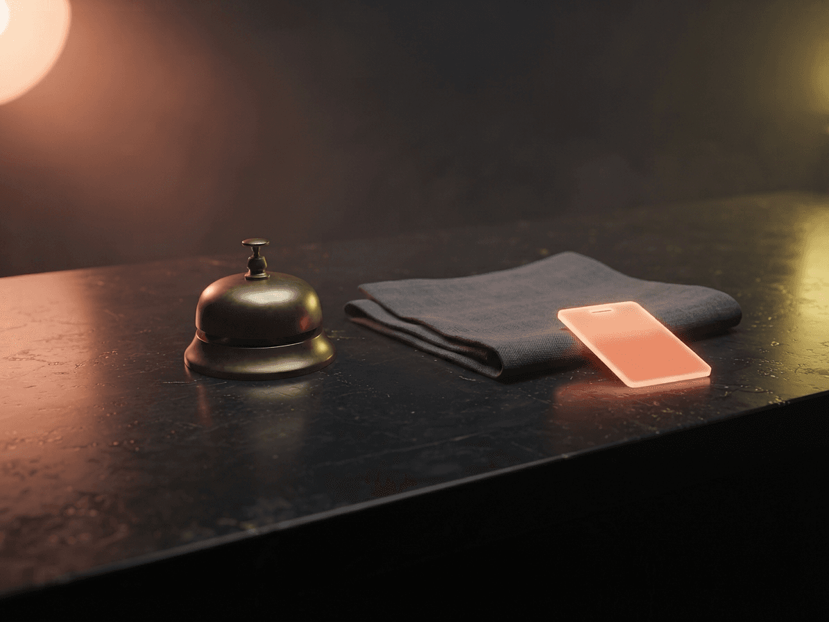Brass reception bell and room key card on a dark marble hotel counter