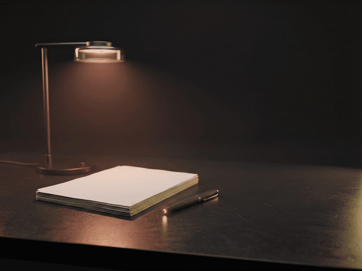 Tidy desk corner with a lamp casting warm light on documents