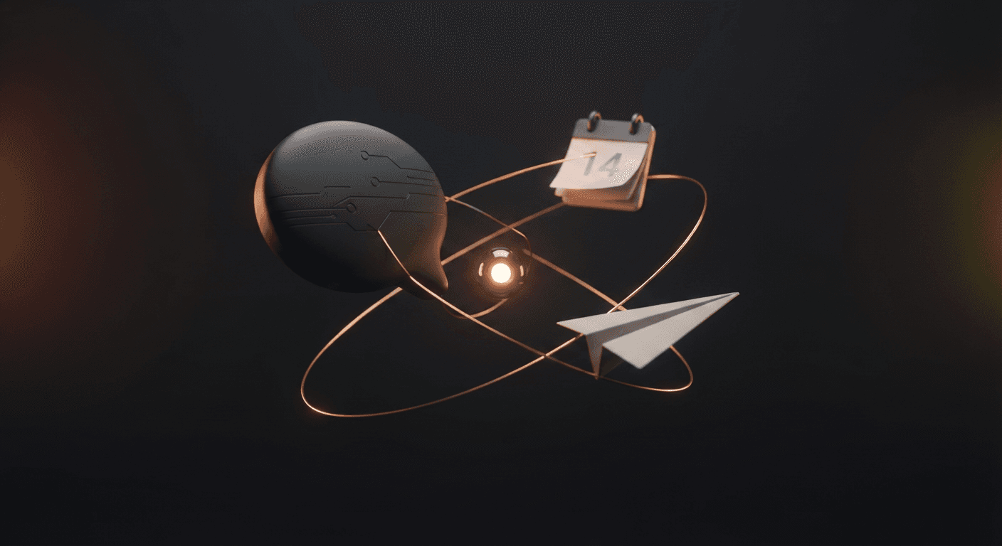 3D render of a chat bubble, calendar page, and paper plane message orbiting a glowing core