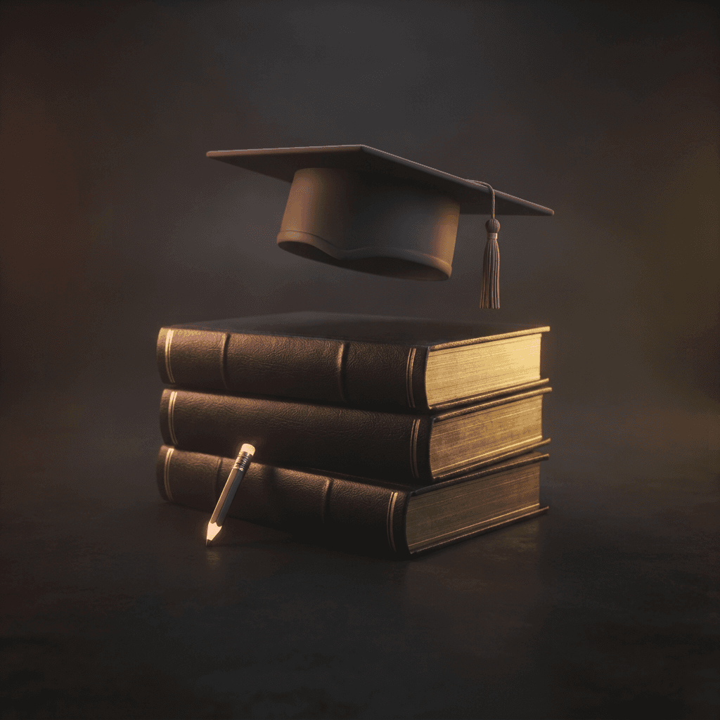 Stack of books with a graduation cap and pencil