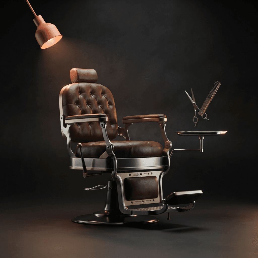 Barber chair under a warm spotlight with scissors and comb on a side tray