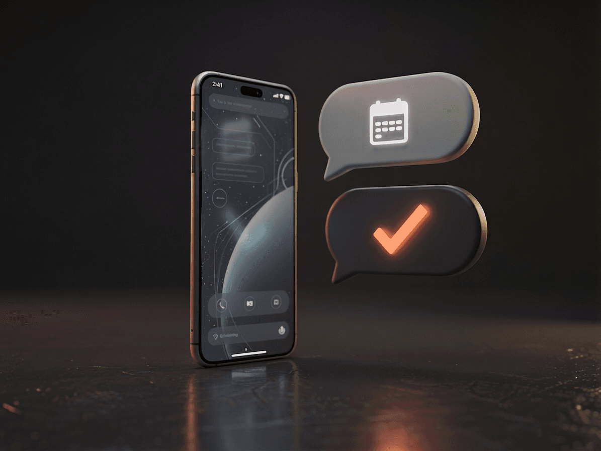 3D render of a smartphone with floating chat bubbles, the WhatsApp booking assistant answering guests